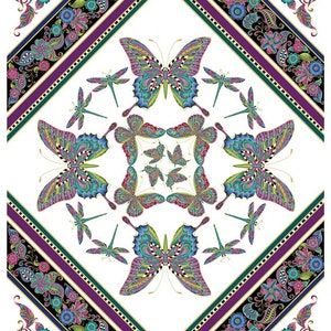May include: A white background with a symmetrical design of colorful butterflies and dragonflies. The butterflies have intricate patterns and are surrounded by a black and purple border.
