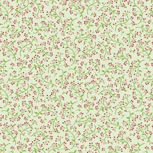 May include: A seamless pattern featuring a light green background with a repeating floral design. The pattern includes thin, curving green stems with small green leaves and clusters of small, red berries, creating a delicate, natural aesthetic.