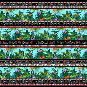 May include: A colorful repeating pattern of bugs, spiders, and plants in jars on a blue background. The pattern is framed by black and white stripes.