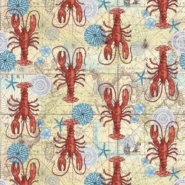 Deep Blue Sea Lobsters on Sand Tan - Geoff Allen for Studio E Fabrics - 5793-38 - 100% Quilting Cotton Cut Continuously