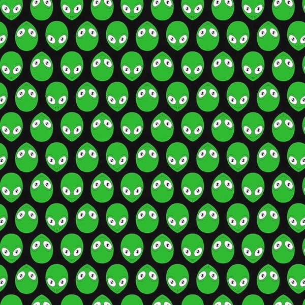 Amazing Aliens Alien Heads Green - Glow In the Dark Fabric - Blank Quilting - 1993G-66 - 100% Cotton Cut Continuously