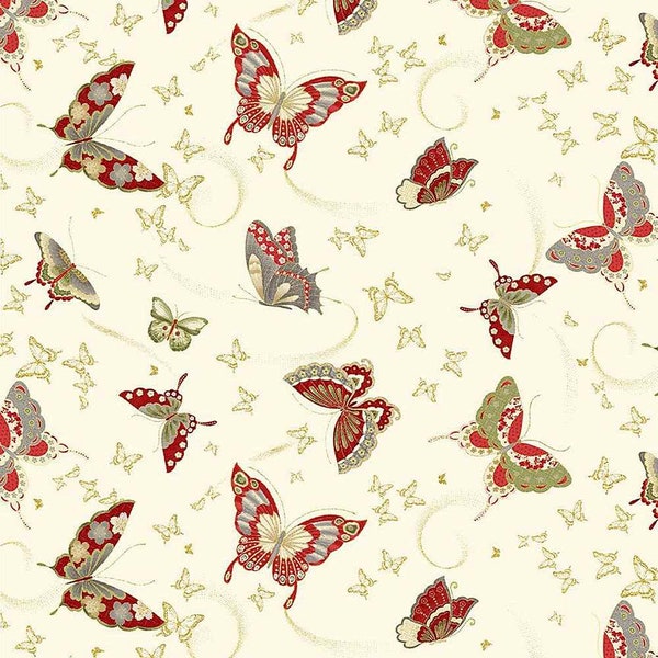 Kyoto Garden Asian Butterflies Cream w/Gold Metallic, Chang-A Hwang for Timeless Treasures, CM1668-CREAM, 100% Cotton CUT CONTINUOUSLY