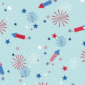 Red, White & Bloom Aqua Fireworks - KimberBell Designs for Maywood Studio - 9903-Q - 100% Quilting Cotton Cut Continuously