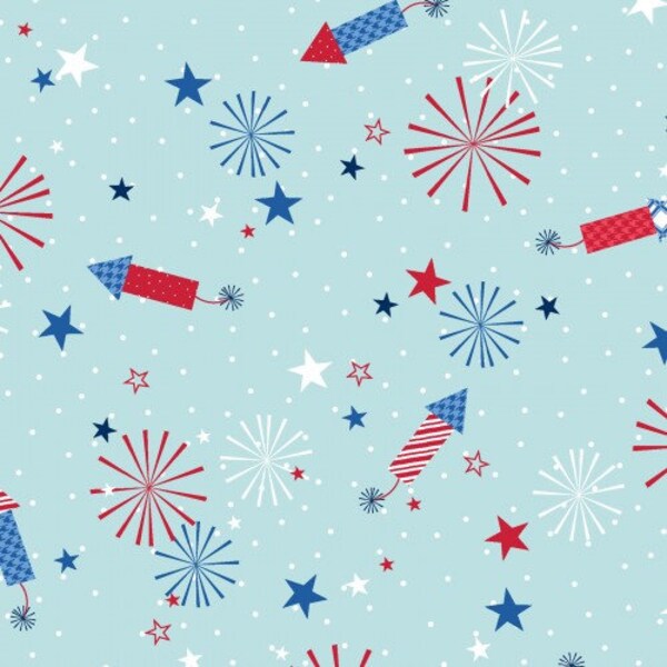 Red, White & Bloom Fireworks Aqua by KimberBell Designs for Maywood Studio - 9903-Q - 100% Quilting Cotton Cut Continuously