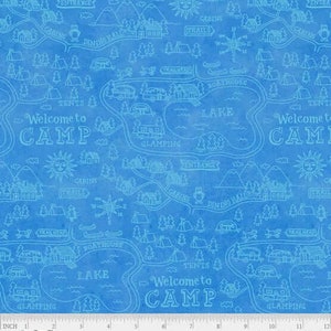 Carte du terrain de camping bleu Wanderlust, Stephanie Peterson Jones pour P&B Textiles, WLUS-4619-B, 100 % coton quilting coupé en continu