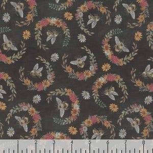 Late Summer Harvest Charcoal Bees with Wreaths - Lily Ford for Blank Quilting - 3303-99 - 100% Cotton Cut Continuously