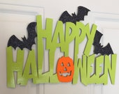 Magnetic Happy Halloween sign, metal door magnetic sign for Halloween. Magnetic Halloween decor. Happy Halloween, glittered bats, pumpkin