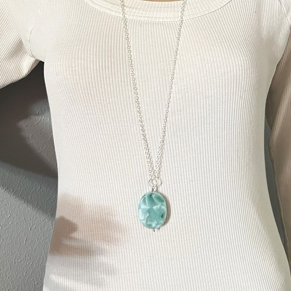 Blue Peacock Angelite moonstone pendant on long chain necklace. minimalist stone on chain, aqua Angelite large pendant, gift for woman