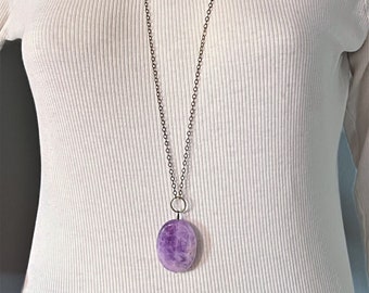 Large purple Chalcedony stone long chain minimalist necklace, bohemian lilac stone on chain necklace, purple necklace for woman