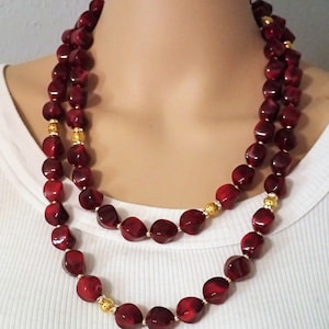 Dark red green or blue long chunky necklace with golden accents, large maroon necklace for woman, acrylic beads necklace, gifts under 20