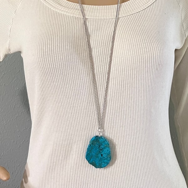 NEW Large jasper slab pendant on long chain, Sea sediment Jasper stone on chain minimalist necklace, large turquoise pendant, gift for woman