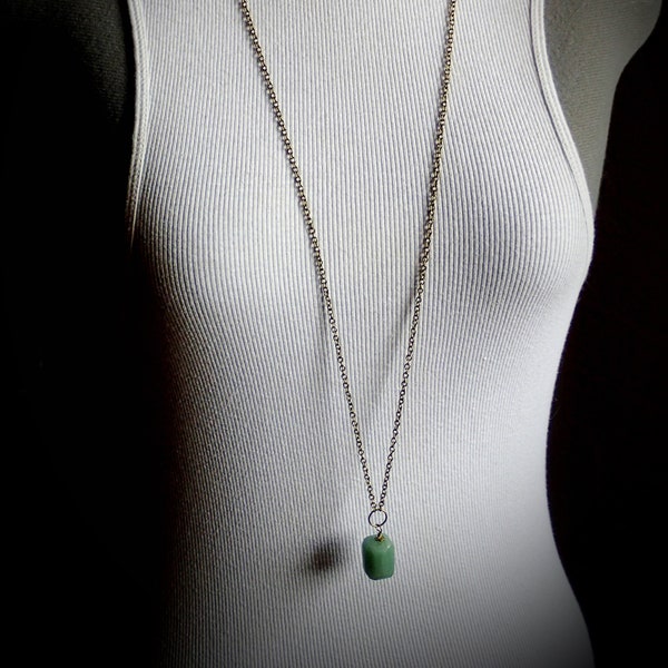 Minimalist green aventurine long necklace, gift in box, simple gemstone pendant on long chain necklace. green pendant on chain, gift