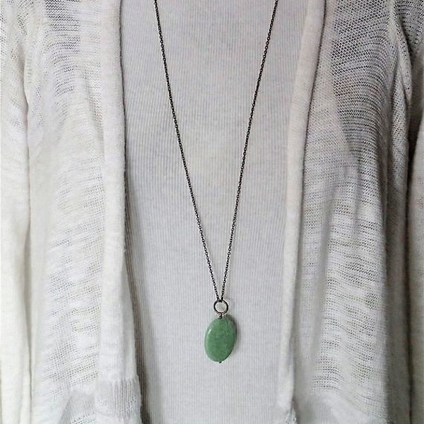 Boho necklaces white or green jade stone pendant on chain, simple long white minimalist necklace, woman green jade pendant, gifts under 10
