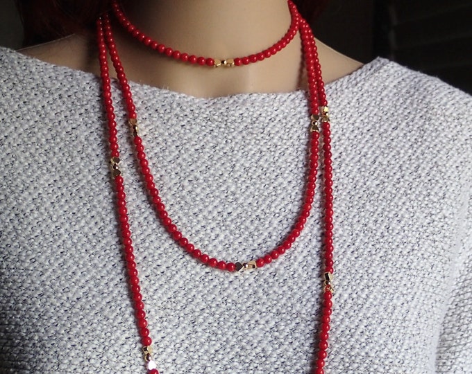 Long Red Coral Necklace With Small Golden Heart Charms Red - Etsy