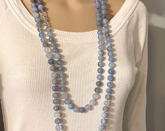Long blue agate gemstone beaded necklace, Sky blue beaded necklace for woman, blue long necklace, gifts under 40, long necklace