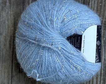 1 skein of craft and ornament making blue mohair yarn with silver tinsel, lurex yarn, fashion yarn, Feza Aspen blue mohair Made in Italy