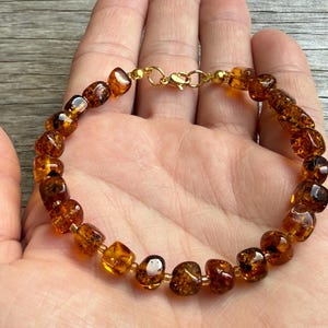 May include: A bracelet composed of polished, irregular amber beads in varying shades of translucent honey and deep brown, strung together with small gold-toned spacers and secured with a gold-toned lobster claw clasp closure.