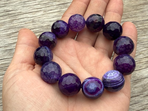 Large 16 mm dark purple gemstone beaded chunky bracelet, faceted round Agate elastic bracelet, large bracelet for woman