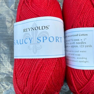 Lot of 4 skeins Saucy Sport from Reynolds 100% mercerized cabled cotton yarn, red mercerized cotton knitting yarn, cotton yarn