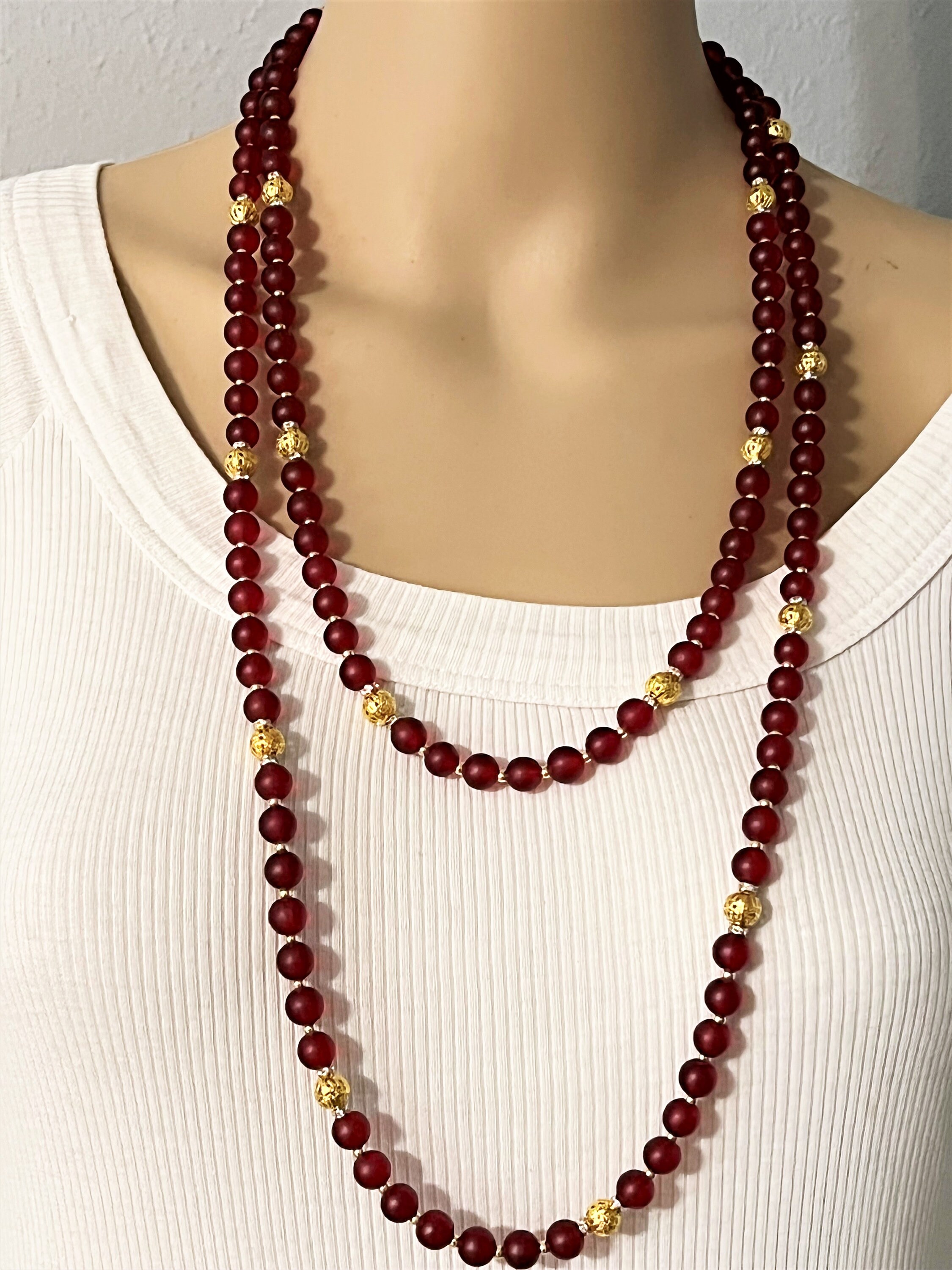 Long Red Glass Beads Necklace With Golden Accents, Dark Red