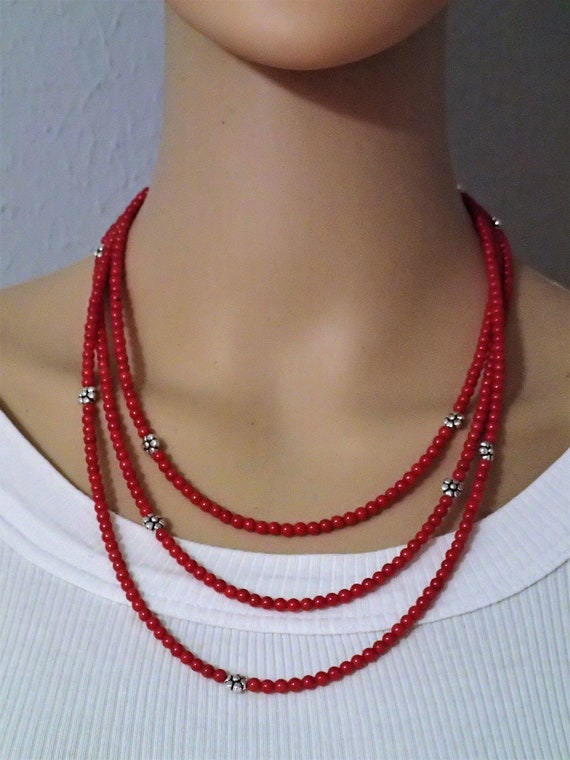 Red coral necklace, delicate flower boho gemstone necklace, woman beaded necklace, wrapping bracelet, gift for woman, gifts under 35