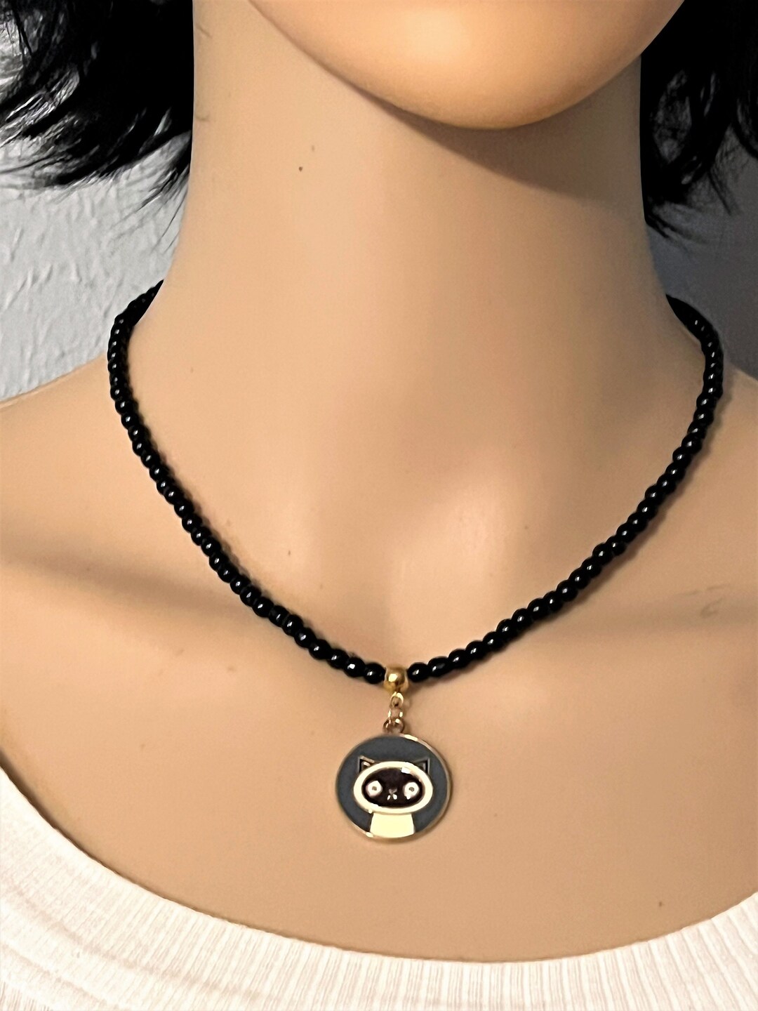 Siamese Cat Pendant Necklace, Black Cat Necklace, Enameled Cat Pendant