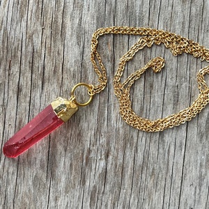 Red quartz crystal stone on long chain minimalist boho necklace, natural crystal pendant, red crystal necklace, gift under 15 for woman