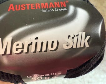 1+ skein of black Austermann Merino Silk worsted yarn, black merino silk cashmere blend knitting yarn, Woolmark made in Italy wool yarn