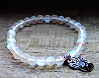 Moonstone French bulldog charm bracelet, charm bracelet for woman, dog bracelet, puppy face bracelet, bracelets under 12
