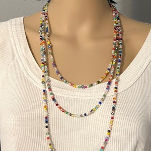 Long colorful glass beads necklace, long wrapping multi color necklace with flower beads, gift for woman, necklaces under 20