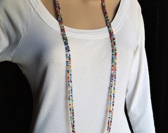 Very long colorful glass beads floral necklace, long boho necklaces for women, flower jewelry, gift for woman, necklaces under 20