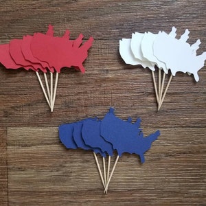 USA State America 4th of July Military Geography Travel Party Decoration Red White & Blue Cupcake Toppers Food Picks