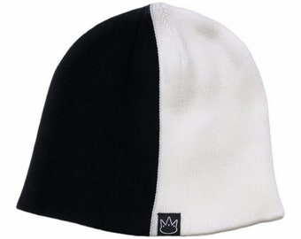 Jay Rauler Half Black White Two Tone Split COTTON Skull Beanie Skullie Knit Hat