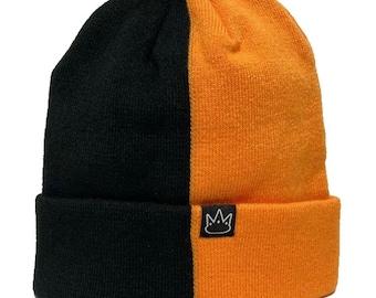 Jay Rauler Split Half Black and Orange 2 Two Tone Men Women Beanie Knit Cuff Cap Hat