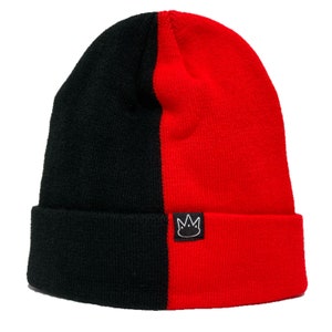 Half Black and Red 2 Two Tone Beanie Hat Men Women Split Knit Cuff Cap  | Jay Rauler