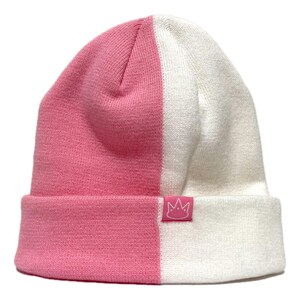 Jay Rauler Split Half Pink White 2 Two Tone Beanie Knit Cuff Cap Hat Men Women