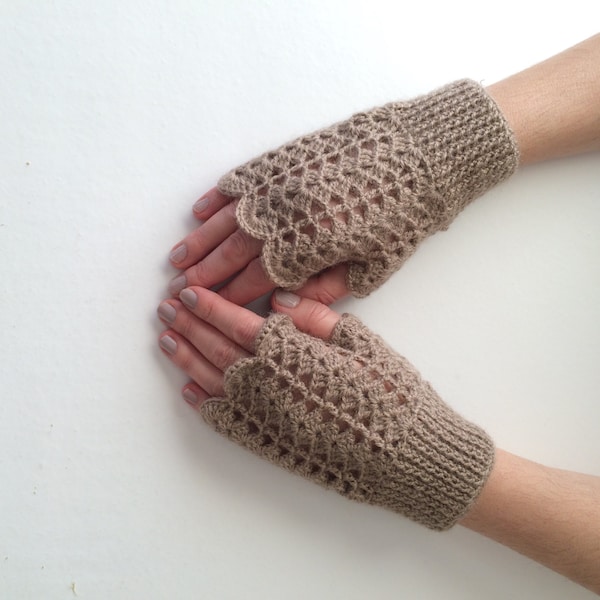 Crochet beige dentelle mitaines gants printemps dentelle mitaines fête des mères cadeau Crochet Beige gants tricoté à la main gants chauffe-mains