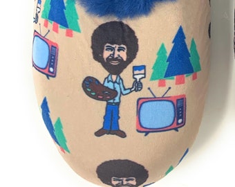 Bob Ross Sherpa Slippers, Non-Slip Soft Soles Women indoor slippers one Size