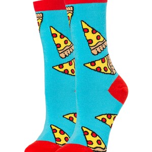 May include: A pair of blue socks with a red cuff and a pizza slice pattern. The socks are made of cotton and are designed for comfort and style.