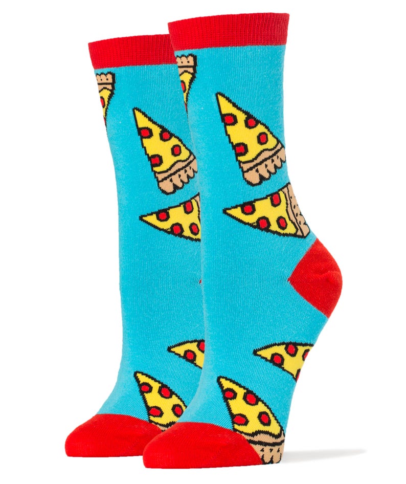 May include: A pair of blue socks with a red cuff and a pizza slice pattern. The socks are made of cotton and are designed for comfort and style.