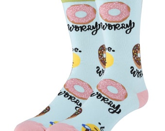May include: A pair of blue socks with a donut pattern and the text "Don't worry, be happy" repeated on the socks.