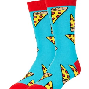 May include: A pair of blue socks with a red cuff and a pizza slice pattern. The socks are made of a soft, comfortable material and are perfect for everyday wear.