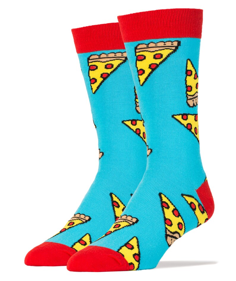 May include: A pair of blue socks with a red cuff and a pizza slice pattern. The socks are made of a soft, comfortable material and are perfect for everyday wear.