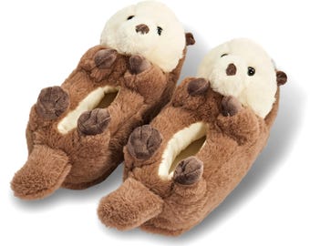 Plush Otter Slippers, Cozy Sherpa Lined House Shoes, Non-Slip Grips