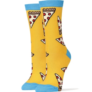 May include: A pair of yellow socks with a blue cuff. The socks feature a repeated pattern of pizza slices with red pepperoni.