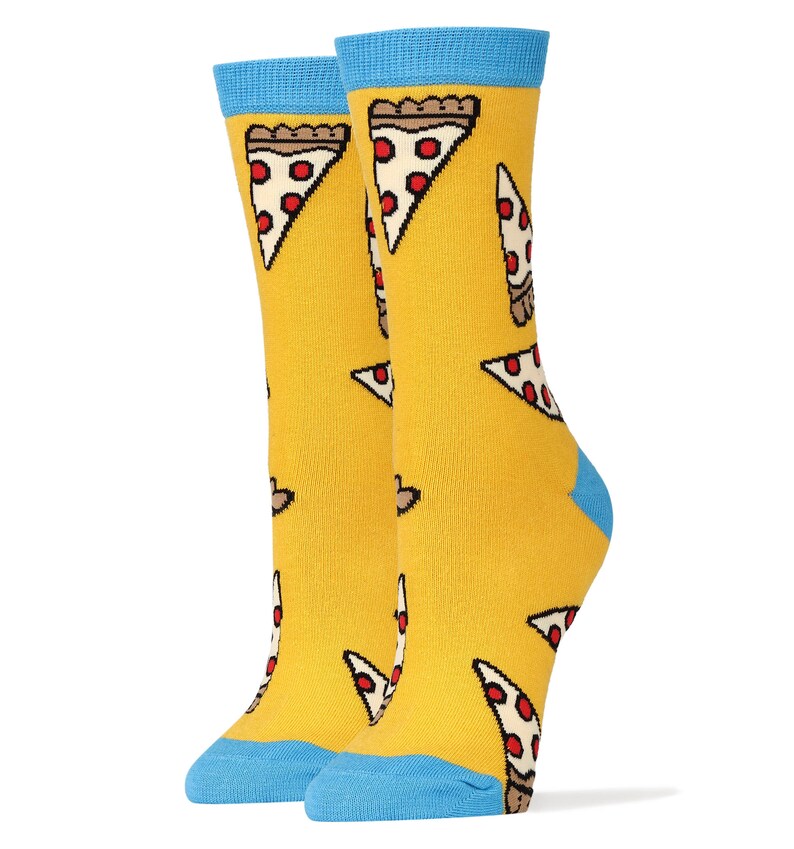 May include: A pair of yellow socks with a blue cuff. The socks feature a repeated pattern of pizza slices with red pepperoni.