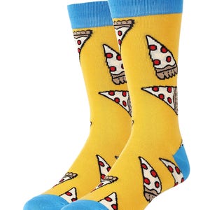 May include: A pair of yellow socks with a blue cuff and a pizza slice pattern. The socks are made of a soft, comfortable material and are perfect for everyday wear.
