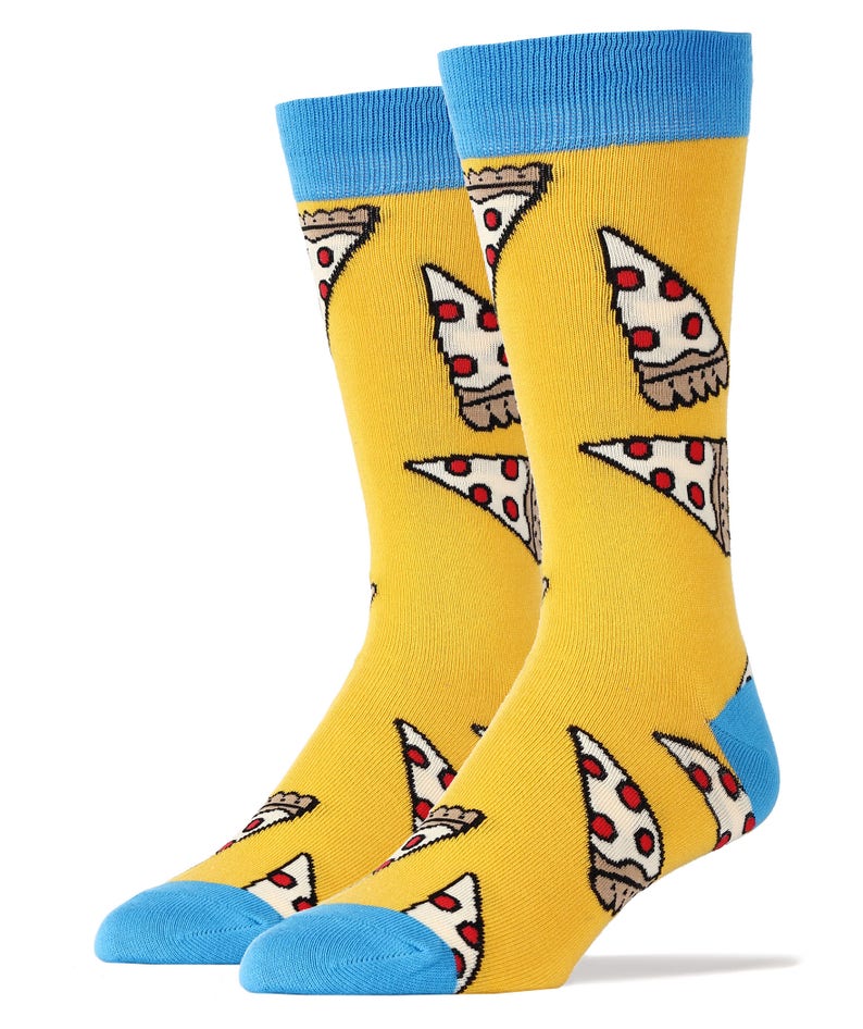 May include: A pair of yellow socks with a blue cuff and a pizza slice pattern. The socks are made of a soft, comfortable material and are perfect for everyday wear.