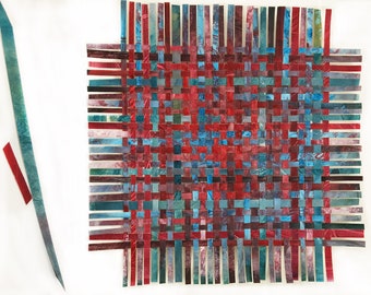 Red Turquoise Paper Weaving- 12x12- Woven Paper- Woven Art- Blue, Red