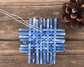 Blue Woven Ornament- 3x3- Woven Paper- Blue, White, Silver- Handmade Weaving